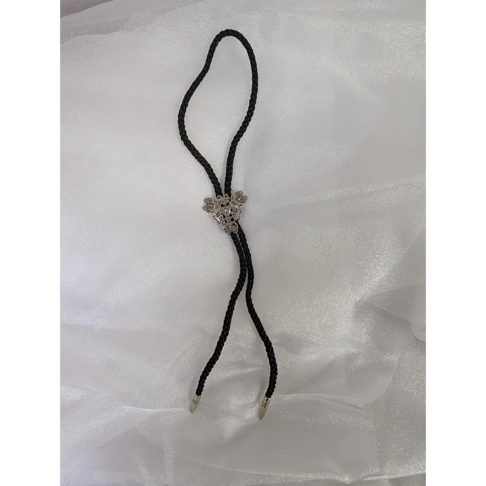 Signed Viking Norse 830 Silver Black Braided Leather Cord Bolo Tie